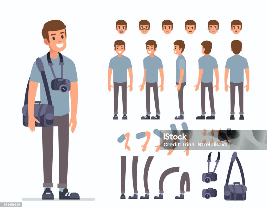 photographer Man photographer  character constructor and objects for animation scene. Set of various men's poses, faces, mouth, hands, legs. Flat style vector illustration isolated on white background. Characters stock vector