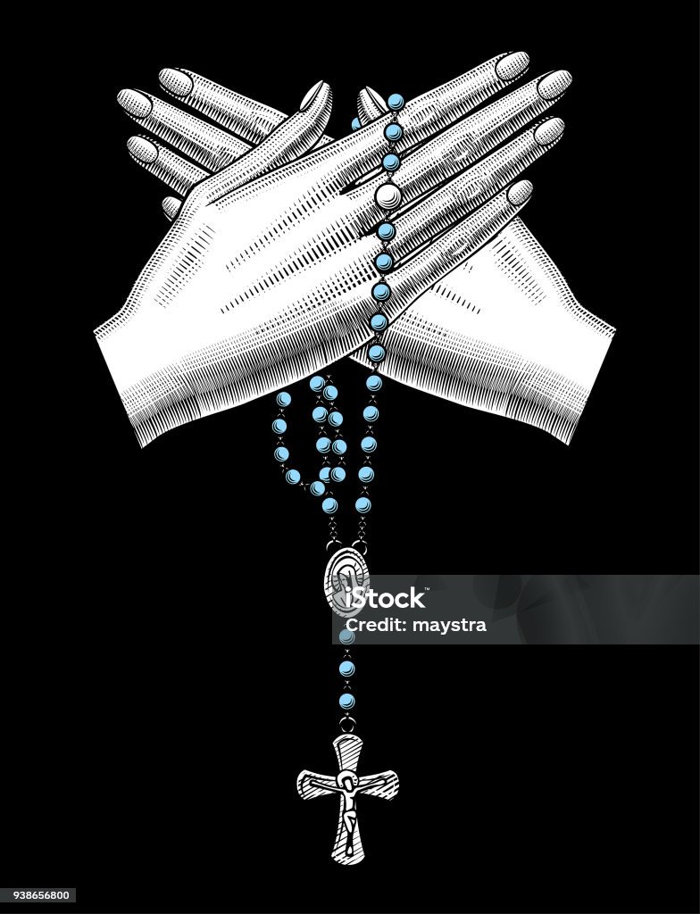 Crossed woman's hand with catholic prayer beads on black Crossed woman's hand with catholic prayer beads on black. Vintage engraving stylized drawing. Vector illustration Rosary Beads stock vector