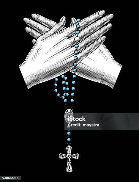 Crossed Womans Hand With Catholic Prayer Beads On Black Stock Illustration - Download Image Now