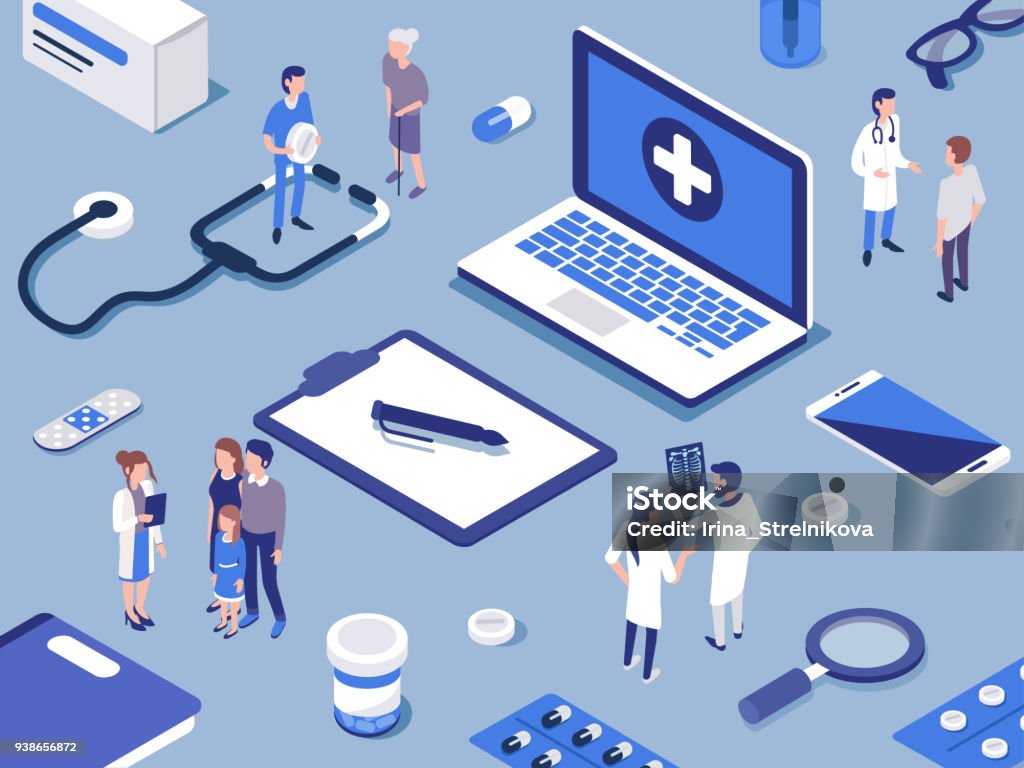 doctors Different medical staff with their patients.  Healthcare concept. Flat isometric  vector illustration. Healthcare And Medicine stock vector