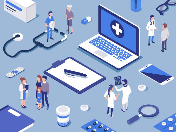 doctors Different medical staff with their patients. Healthcare concept. Flat isometric vector illustration. talking on office phone stock illustrations