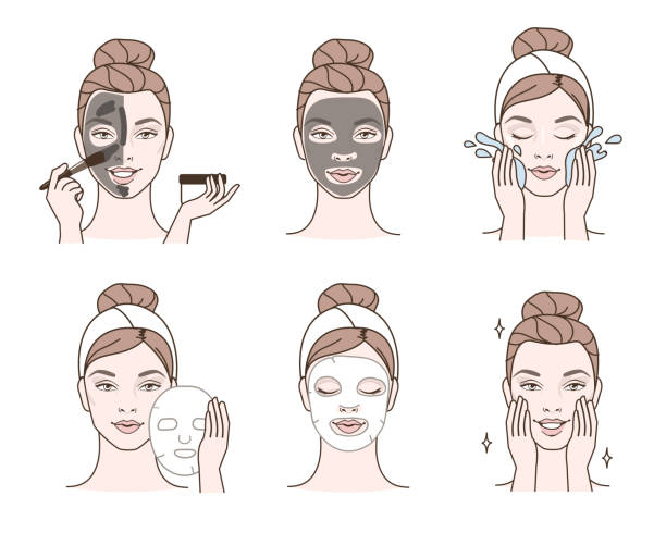 Facial masks Beauty fashion girl apply different facial masks. Line style vector illustration isolated  on white background. facial mask woman stock illustrations