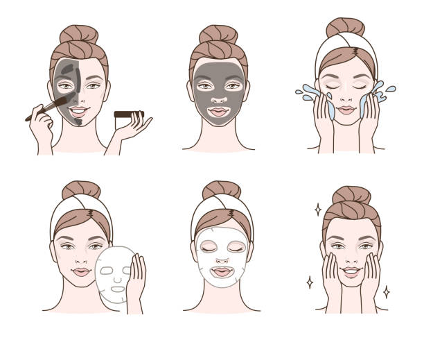 Facial masks Beauty fashion girl apply different facial masks. Line style vector illustration isolated on white background. facial peel stock illustrations
