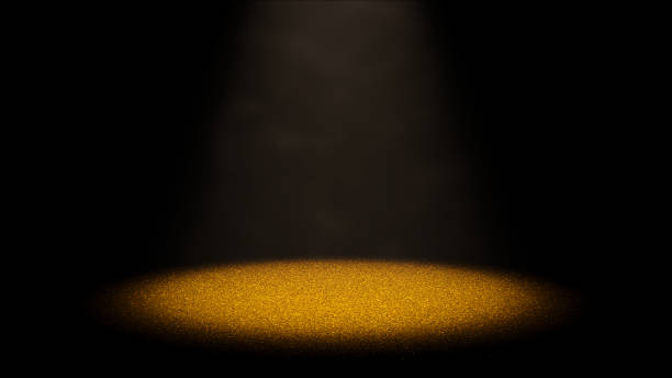 ilustraciones, imágenes clip art, dibujos animados e iconos de stock de brillo de oro centelleantes en un escenario iluminado por un foco redondo a través del aire polvoriento - spot lit