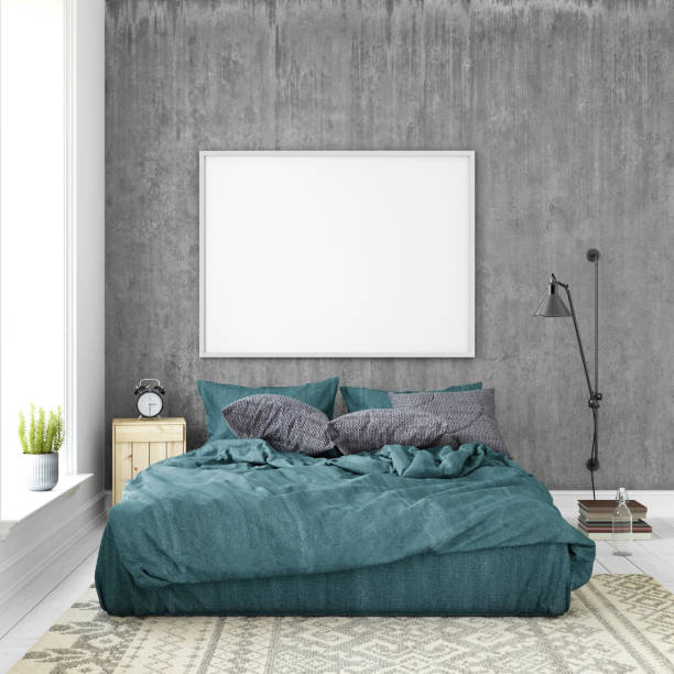 istock Bedroom interior with pastel colored bed and picture frame template 938660392