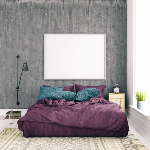 istock Bedroom interior with pastel colored bed and picture frame template 938660438
