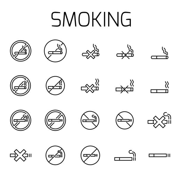 Smoking related vector icon set Smoking related vector icon set. Well-crafted sign in thin line style with editable stroke. Vector symbols isolated on a white background. Simple pictograms. cigarette warning label stock illustrations