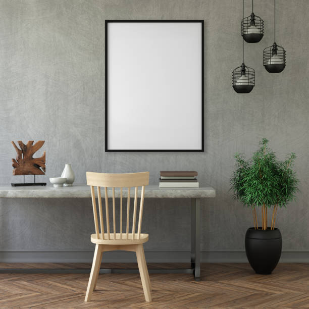Modern interior with office desk and picture frame template