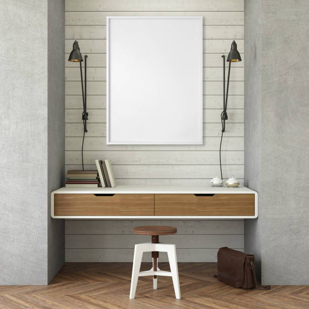 istock Modern interior with office desk and picture frame template 938660602