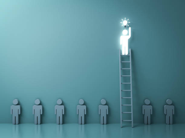 Stand out from the crowd and different concept , One glowing light man on the  ladder got an idea bulb among other no idea people on dark green background with shadow and reflections