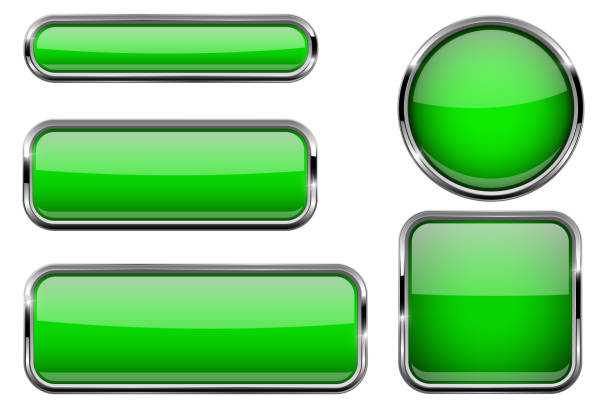 зеленые стеклянные кнопки с хромированной рамой - ellipse chrome banner sign stock illustrations