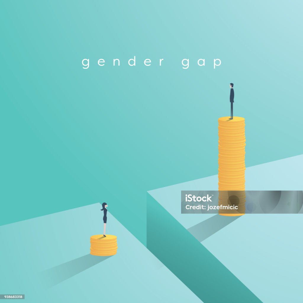 Gender gap and inequality in salary, pay vector concept. Businessman and businesswoman on piles of coins. Symbol of discrimination, difference, injustice Gender gap and inequality in salary, pay vector concept. Businessman and businesswoman on piles of coins. Symbol of discrimination, difference, injustice. Eps10 vector illustration. Gender Wage Gap stock vector