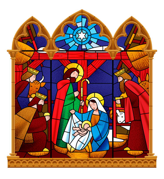 Stained glass window depicting Christmas scene in gothic frame isolated on white background Stained glass window depicting Christmas scene in gothic frame isolated on white background. Vector illustration church borders stock illustrations