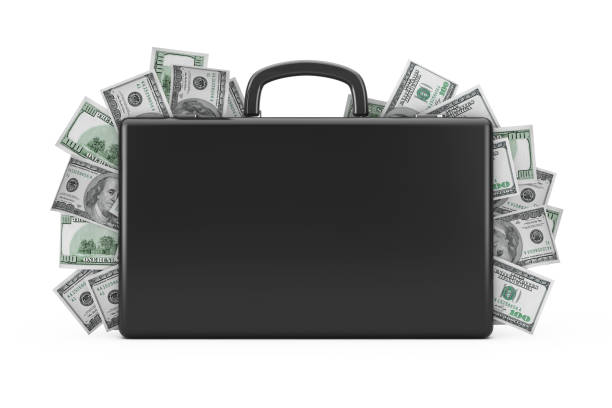 schwarze koffer voller hundert dollar. 3d rendering - geld koffer stock-fotos und bilder