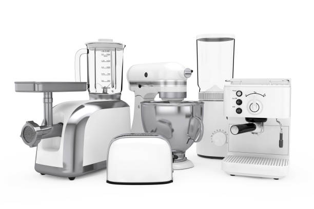 istock Kitchen Appliances Set. White Blender, Toaster, Coffee Machine, Meat Ginder, Food Mixer and Coffee Grinder. 3d Rendering 938686708