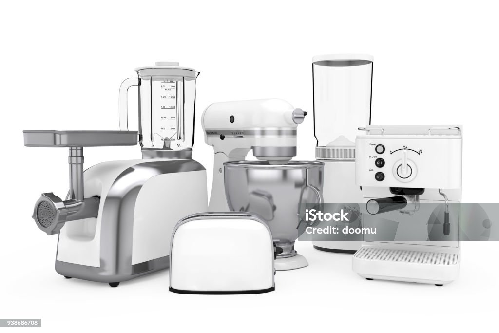 Kitchen Appliances Set White Blender Toaster Coffee Machine Ginder Mixer And Coffee Grinder 3d Rendering Stock Photo - Image Now -