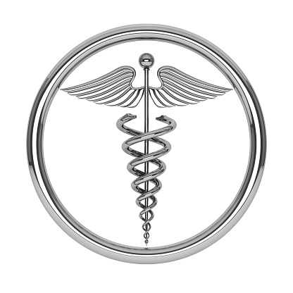 Silver Medical Caduceus Symbol on a white background. 3d Rendering