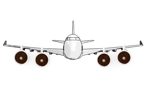 Fly in New Day Concept. Modern Airplane with Coffee Cups as Jet Engine on a white background. 3d Rendering
