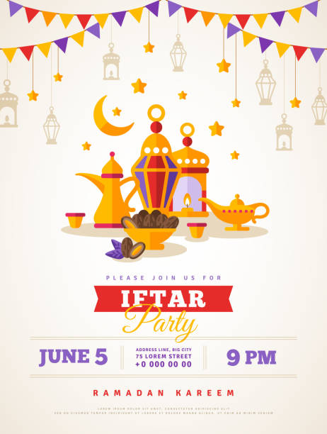 Iftar party celebration Iftar party celebration concept flyer. Vector Illustration. Sweet Dates, Fanous Lantern and Arabic coffee mug. Islamic Holy Month, Ramadan Kareem. Typography template for text fruit of islam stock illustrations