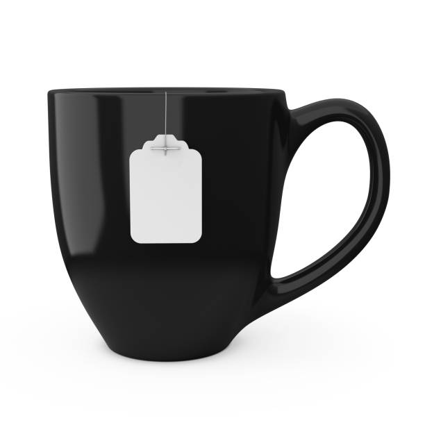 istock Black Cup of Tea with Blank White Tea Bag Label Mockup. 3d Rendering 938687456