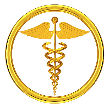 Gold caduceus symbol isolated on white