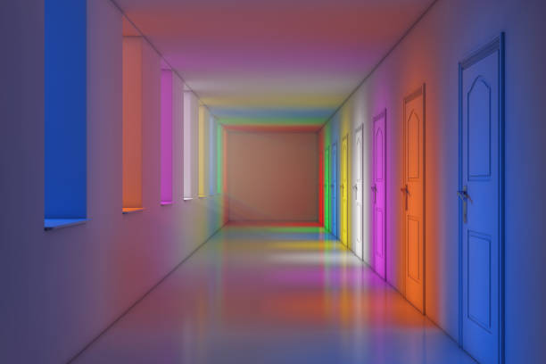 istock Color Lights in Modern Long Office, School, Hotel or Hospital Corridor. 3d Rendering 938687628