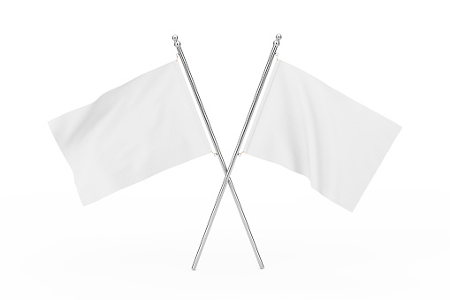 Two Crossed White Blank Flags on a white background. 3d Rendering