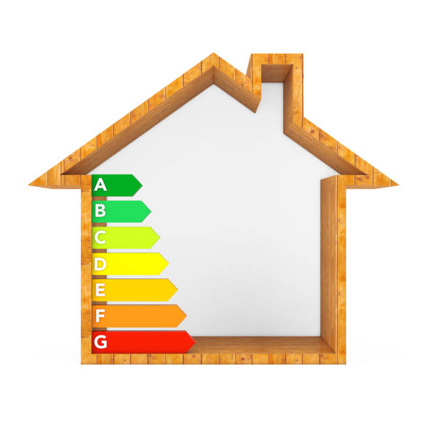 istock Energy Efficiency Rating Chart in Abstract Wooden Ecological House. 3d Rendering 938687824