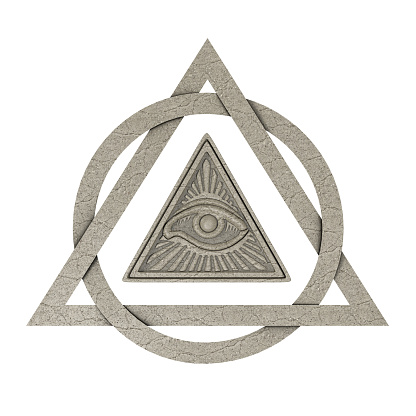Masonic Symbol Concept. All Seeing Eye inside Pyramid Triangle as Stone on a white background. 3d Rendering