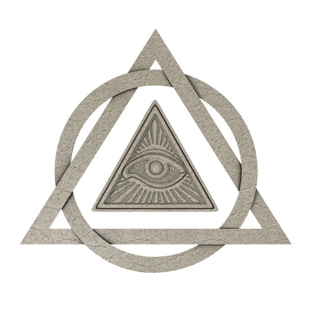 Masonic Symbol Concept. All Seeing Eye inside Pyramid Triangle as Stone. 3d Rendering Masonic Symbol Concept. All Seeing Eye inside Pyramid Triangle as Stone on a white background. 3d Rendering masonic symbol stock pictures, royalty-free photos & images