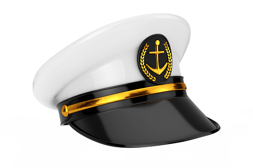 Naval Officer, Admiral, Navy Ship Captain Hat on a white background. 3d Rendering