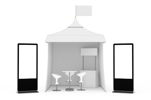 Trade Show LCD Screen Stand near Promotional Advertising Outdoor Event Tent with Flag, Table and Chairs on a white background. 3d Rendering