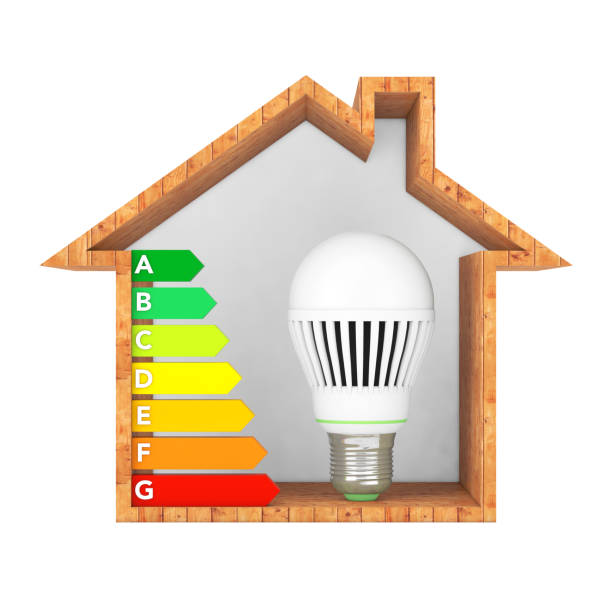 istock LED Bulb with Energy Efficiency Rating Chart in Abstract Wooden Ecological House. 3d Rendering 938690540