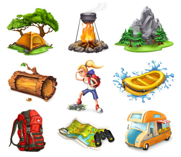 lager und abenteuer, 3d vektor-icons set - white water rafting stock-grafiken, -clipart, -cartoons und -symbole