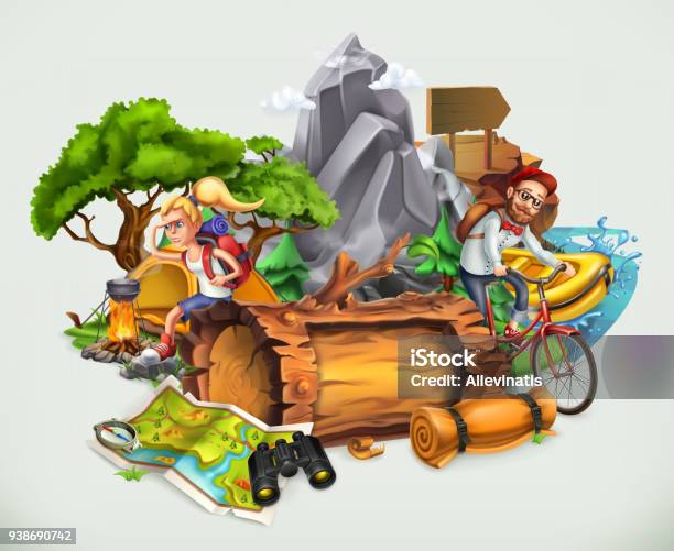Camping And Adventure Vector Illustration Stock Illustration - Download Image Now - People, Three Dimensional, Backpack