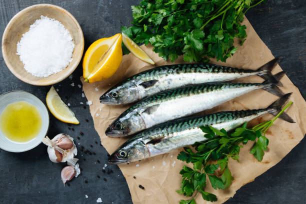 Fresh mackerel fish with ingredients to cook Fresh mackerel fish on paper with lemon, salt, olive oil, garlic, parsley and pepper. Top view omega 3 stock pictures, royalty-free photos & images