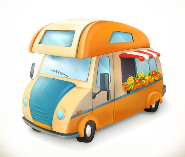 wohnwagen. camping, 3d vektor icon - car white background isolated on white orange stock-grafiken, -clipart, -cartoons und -symbole