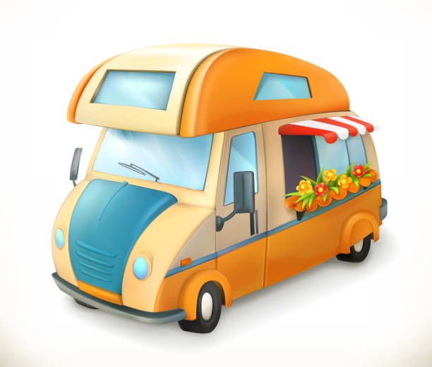 ilustraciones, imágenes clip art, dibujos animados e iconos de stock de acoplado del recorrido. camping, icono de vectores 3d - car white background isolated on white orange