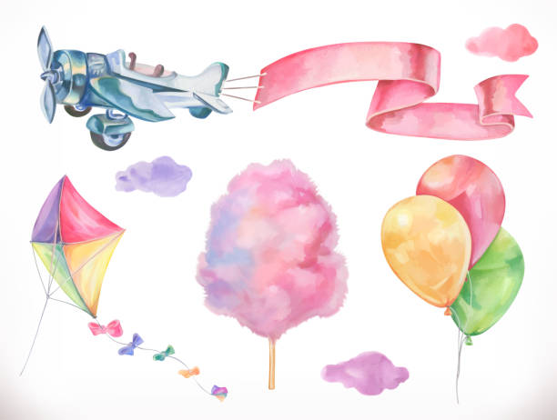 ilustrações, clipart, desenhos animados e ícones de ar em aquarela. asa, avião, algodão doce e nuvens, balões. icon set vector - party toys