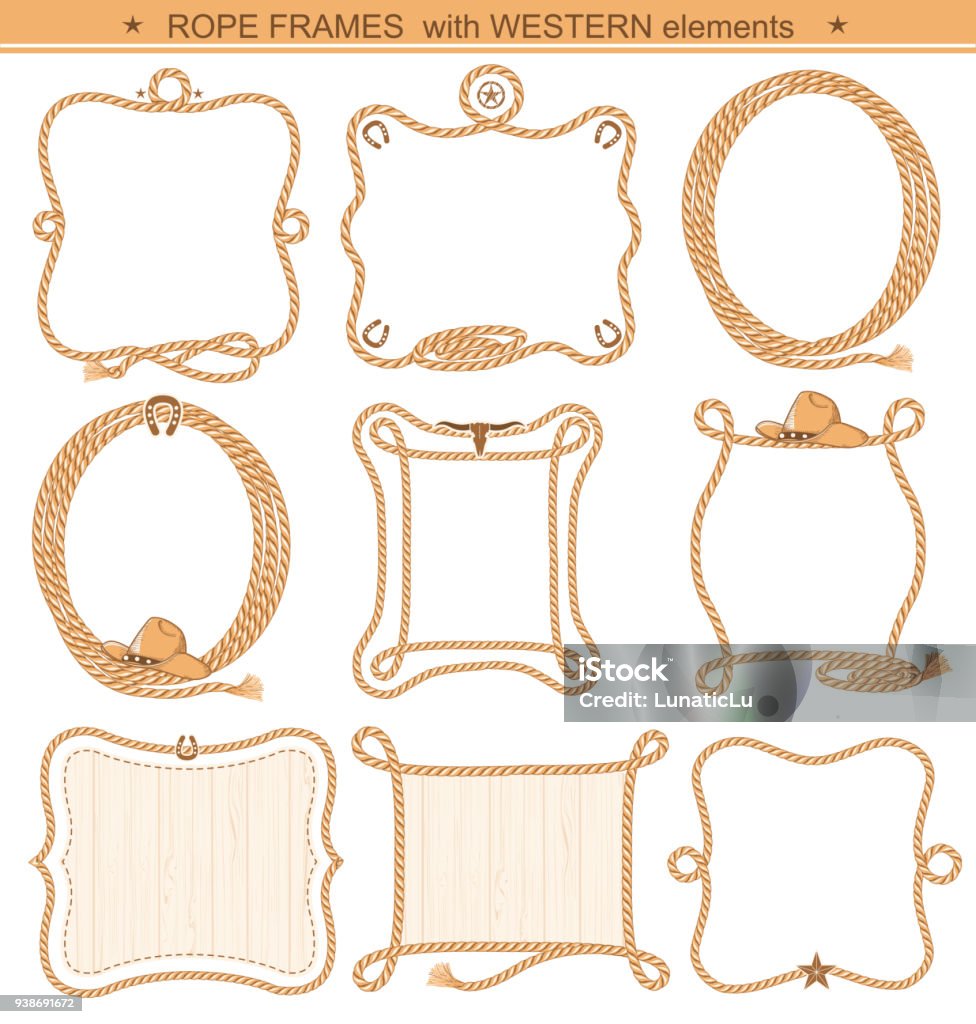 Rope frames background for text with cowboy elements isolated Rope frames background for text with cowboy elements isolated on white Border - Frame stock vector