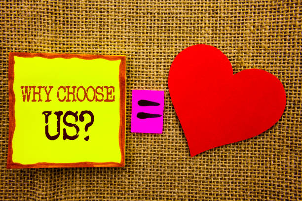 Handwriting text showing Why Choose Us Question. Business concept for Reason Of Choice Customer Satisfaction Advantage written Stiky Note Paper Meaning Love For the textured background