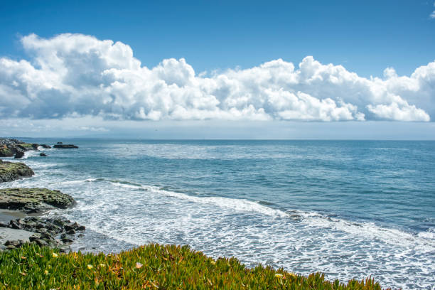 After storm view of pathway along the ice plant covered rocky shore of the California coast, with storm clouds in distance.Taken in Santa Cruz, California, USA