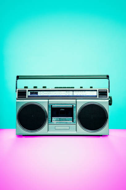 Blue Pink Boombox Post-Punk Stereo with Pink an Blue Chevron Background 3d illustration render