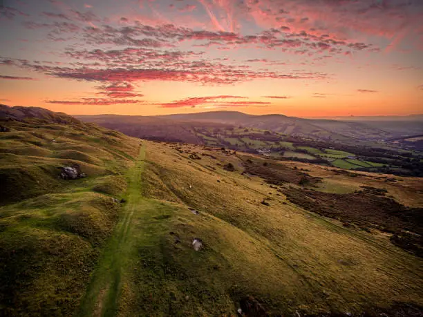 Aerial view of a Sunset over the Brecon Beacon Mountains