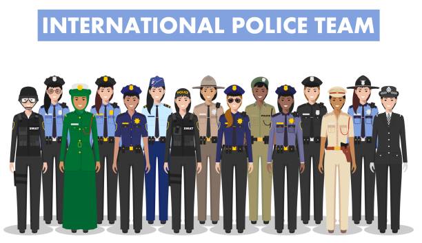 International police people concept. Detailed illustration of SWAT officer, policeman, policewoman and sheriff in flat style on white background. Vector illustration. International police team. Detailed illustration of police different countries in flat style on white background. whitehall street stock illustrations