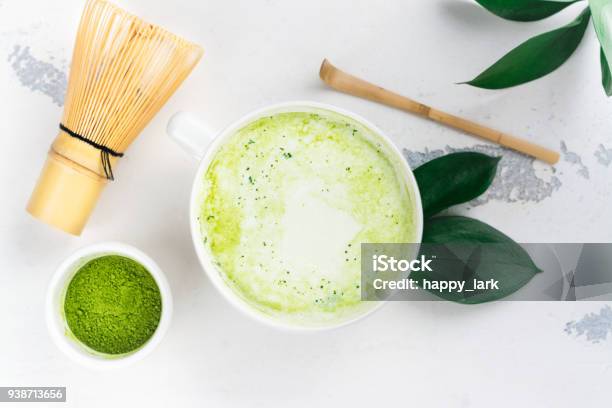 Matcha Green Tea Latte In A Cup Stock Photo - Download Image Now - Matcha Tea, Antioxidant, Art