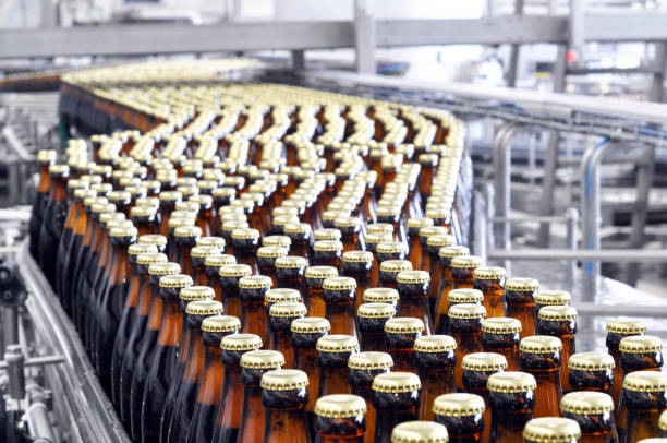 cerveza en una cervecería - cinta transportadora con botellas de vidrio - food and drink industry fotografías e imágenes de stock