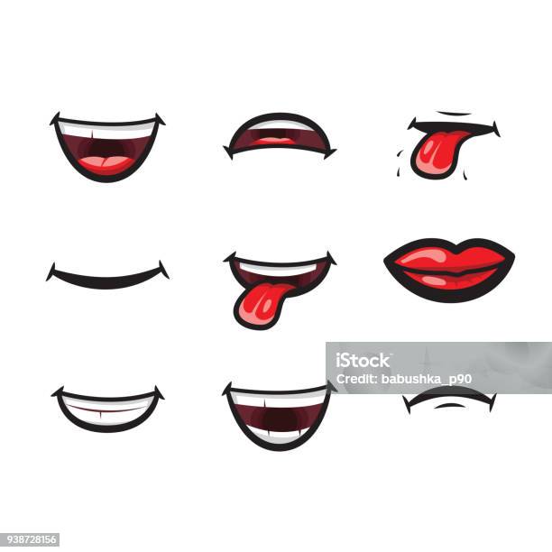 Smiling Lips Mouth With Tongue White Toothed Smile And Sad Expression Mouth And Lips Vector Icon Lips And Mouth Expressing Different Emotions Funny And Sad Smiles Isolated On White Background Stock Illustration - Download Image Now