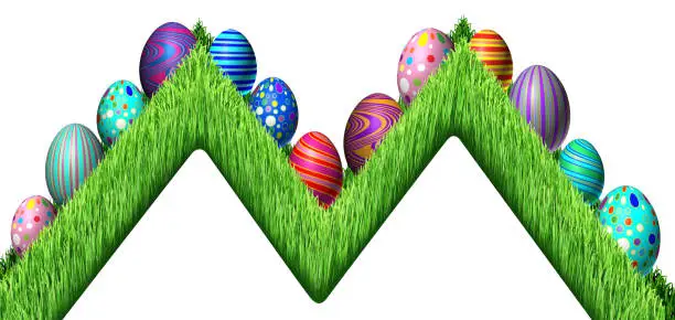 Easter Egg hunt design with eggs in a zig zag row sitting on green grass as a symbol of spring and a holiday decoration of the renewal season as a 3D illustration.