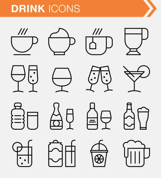 Conjunto de ícones de bebida de linha fina. - ilustração de arte em vetor